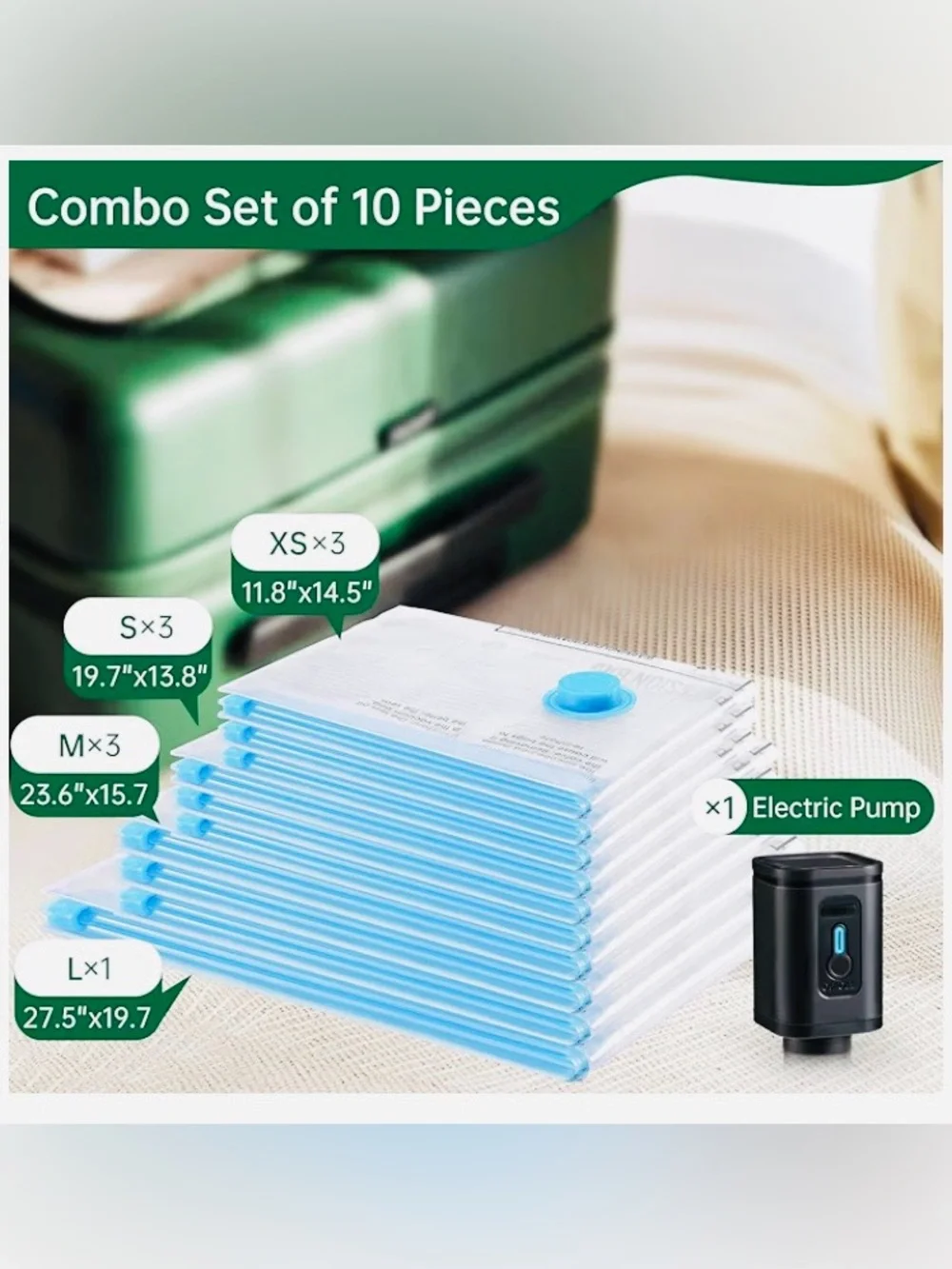 BRODI Travel Essentials Vacuum Storage Bags - Blue (10-Pack) with pump